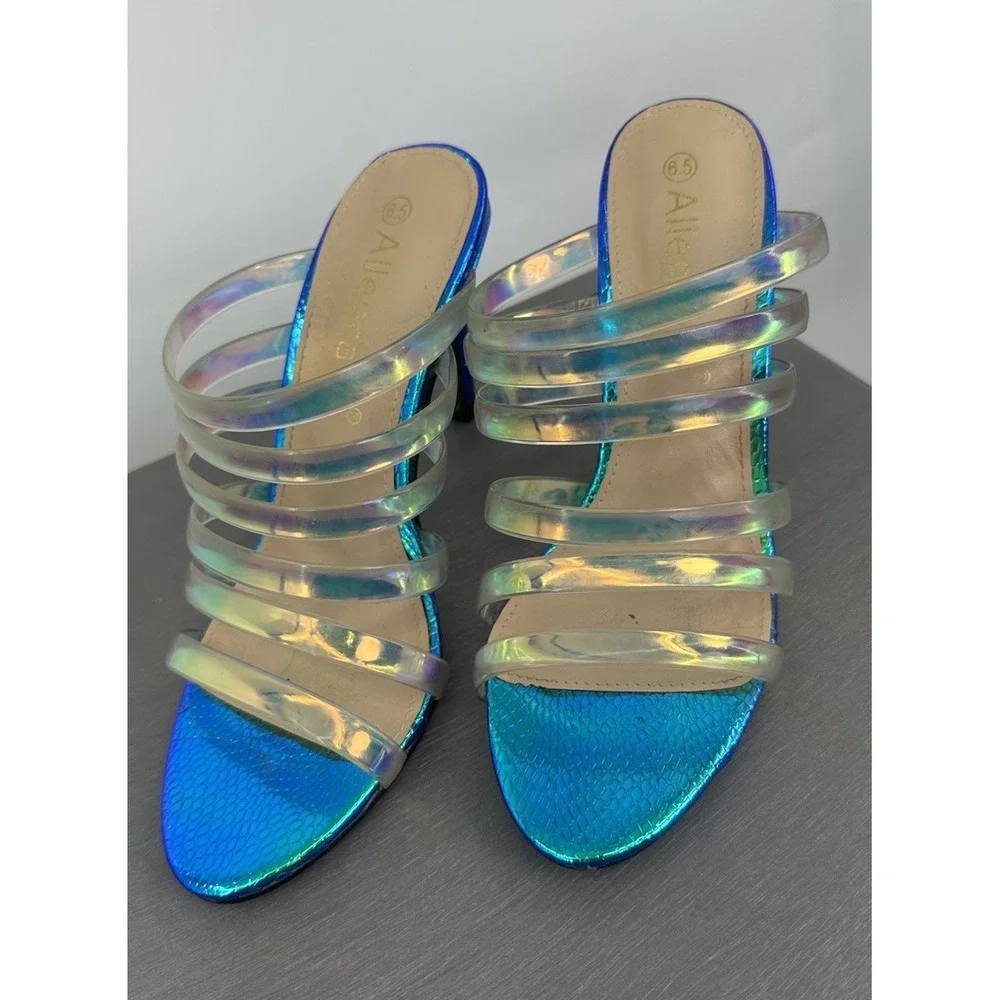 Allegra k Strappy Slide Sandals Holographic Metallic Blue Heels 6.5 Women's